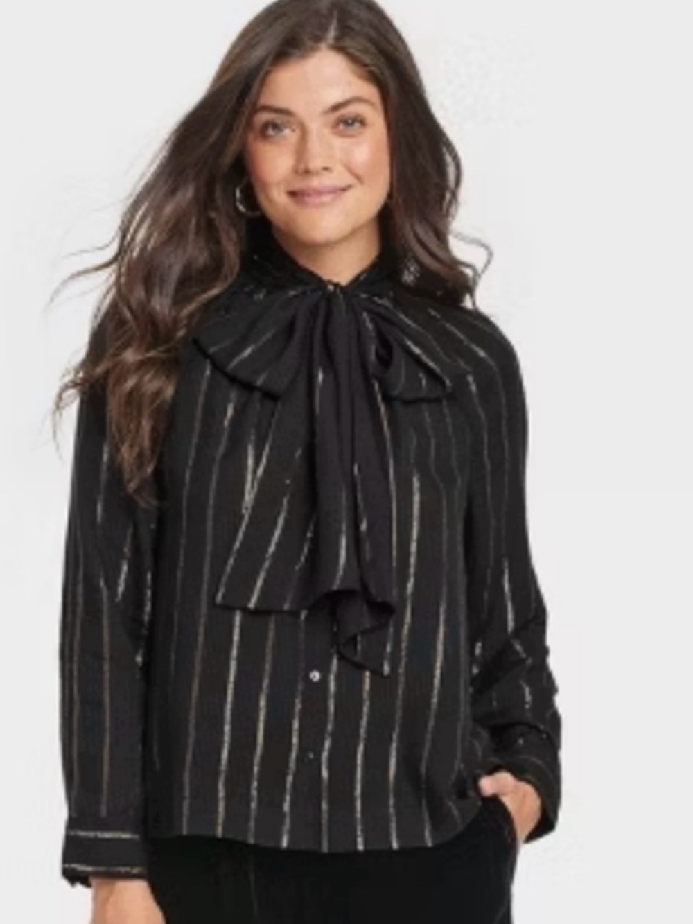 Women’s Black Metallic-Striped Tie-Neck Blouse